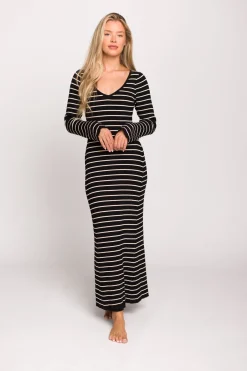 Sale Worth Collective Keaton Knit Maxi Dress with V-Neckline in Black/Cream Stripe