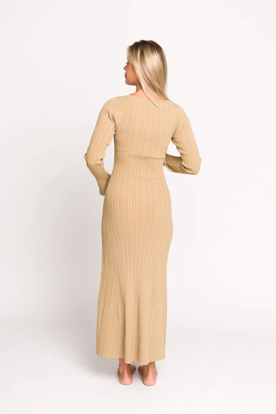 Hot Worth Collective Keaton Knit Maxi Dress with V-Neckline in Beige