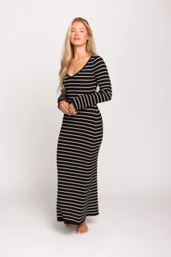 Sale Worth Collective Keaton Knit Maxi Dress with V-Neckline in Black/Cream Stripe