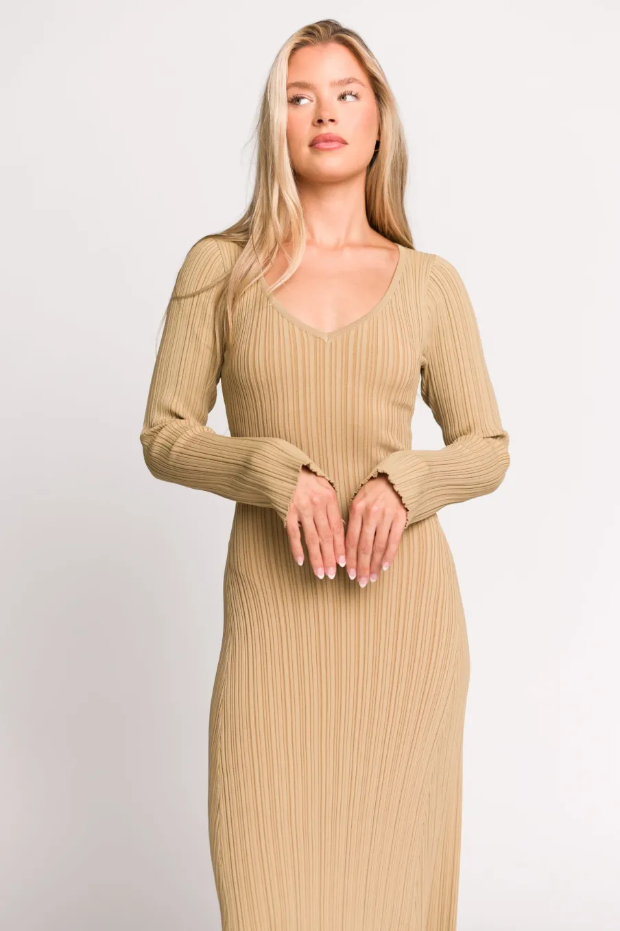 Hot Worth Collective Keaton Knit Maxi Dress with V-Neckline in Beige