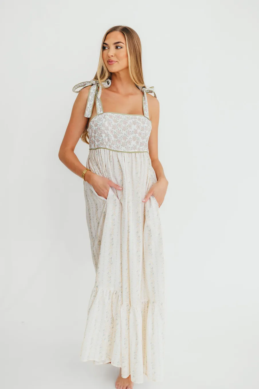 Online Worth Collective Kelly Adjustable Tie Maxi Dress in Pale Peach Floral *PRE-ORDER*