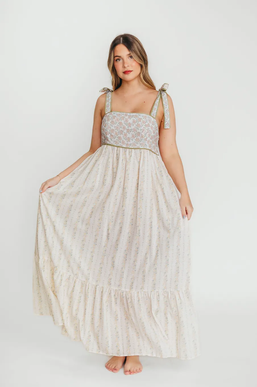 Online Worth Collective Kelly Adjustable Tie Maxi Dress in Pale Peach Floral *PRE-ORDER*