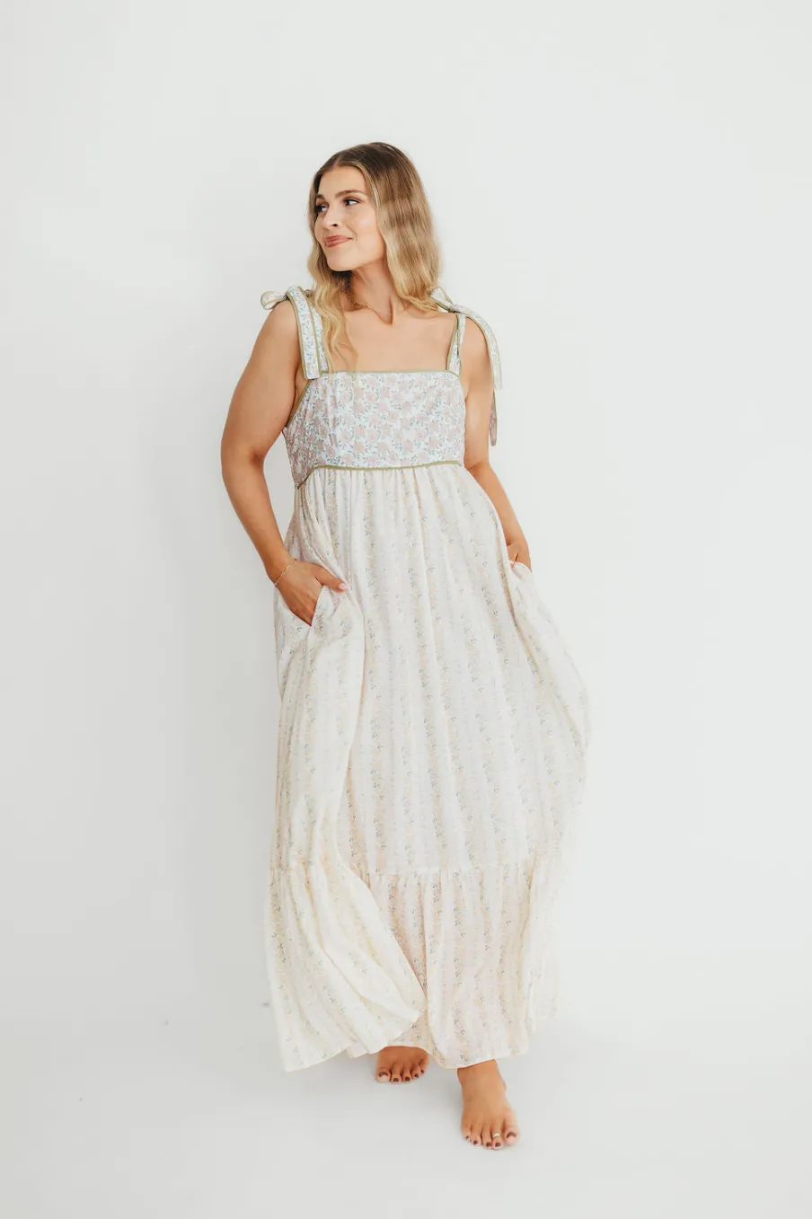 Online Worth Collective Kelly Adjustable Tie Maxi Dress in Pale Peach Floral *PRE-ORDER*