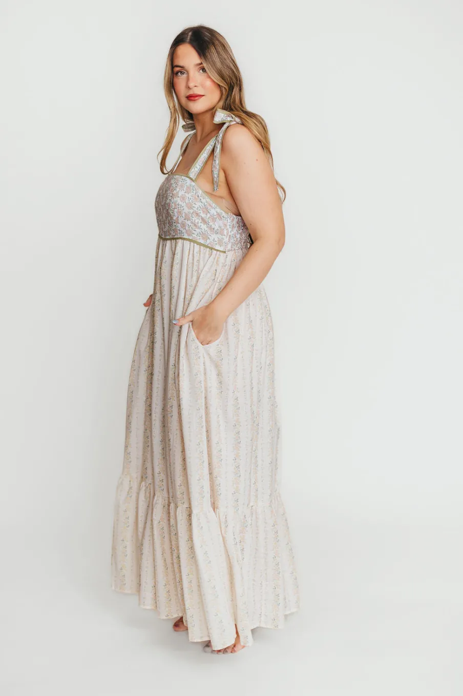 Online Worth Collective Kelly Adjustable Tie Maxi Dress in Pale Peach Floral *PRE-ORDER*