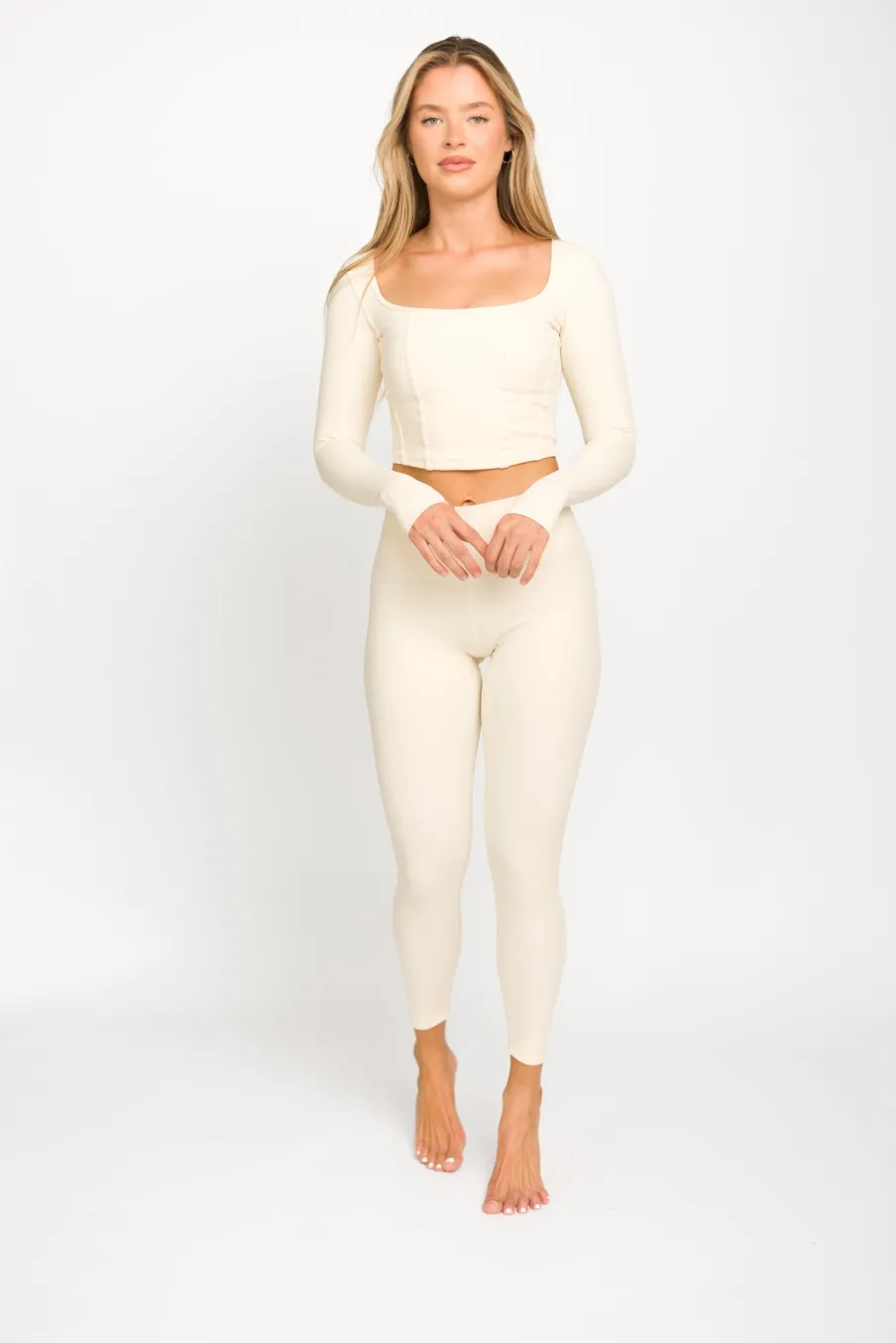Best Worth Collective Kendra Long Sleeve Square Neck Corset Top in Cream