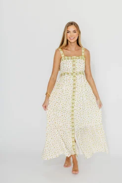 Fashion Worth Collective Kenna Cotton Floral Embroidered Maxi In Daffodil