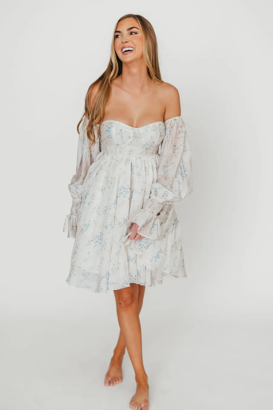 Outlet Worth Collective Kennedy Floral Mini Dress in Blue- Bump Friendly
