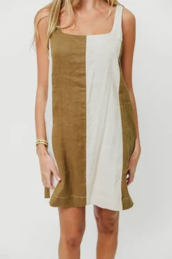 Sale Worth Collective Kenya 100% Linen Color Block Mini Dress in Olive/Oatmeal