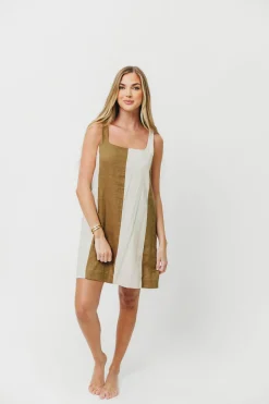 Sale Worth Collective Kenya 100% Linen Color Block Mini Dress in Olive/Oatmeal