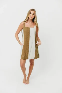 Sale Worth Collective Kenya 100% Linen Color Block Mini Dress in Olive/Oatmeal