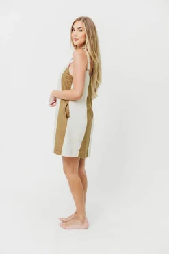 Sale Worth Collective Kenya 100% Linen Color Block Mini Dress in Olive/Oatmeal