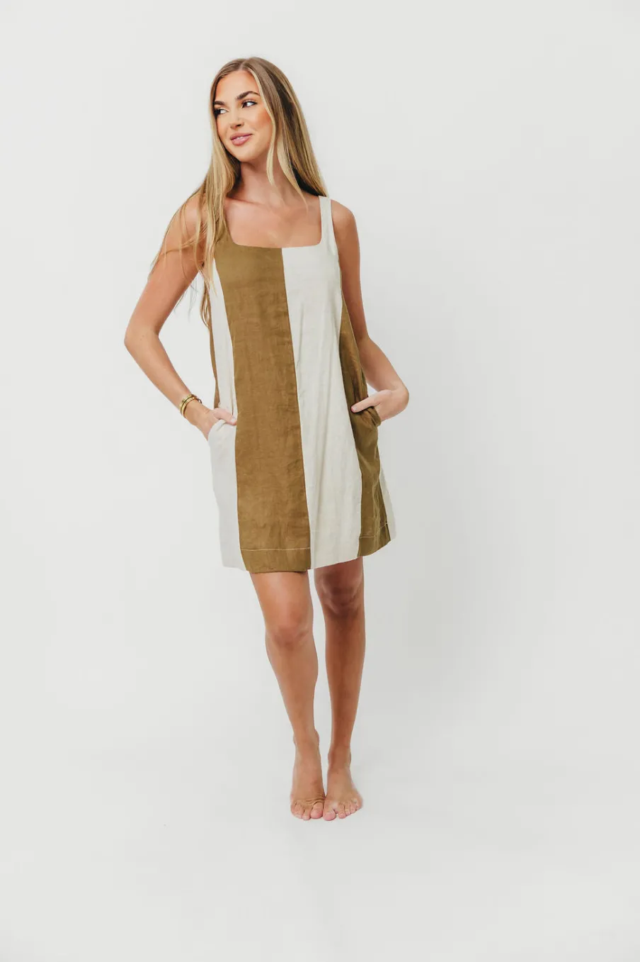 Sale Worth Collective Kenya 100% Linen Color Block Mini Dress in Olive/Oatmeal