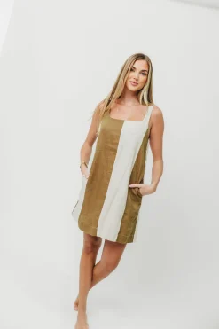Sale Worth Collective Kenya 100% Linen Color Block Mini Dress in Olive/Oatmeal