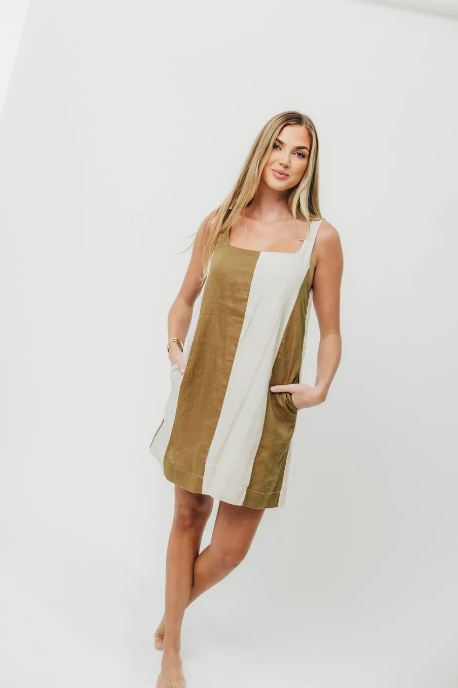 Sale Worth Collective Kenya 100% Linen Color Block Mini Dress in Olive/Oatmeal