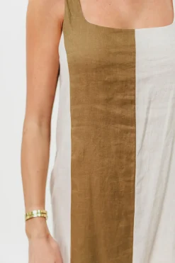 Sale Worth Collective Kenya 100% Linen Color Block Mini Dress in Olive/Oatmeal