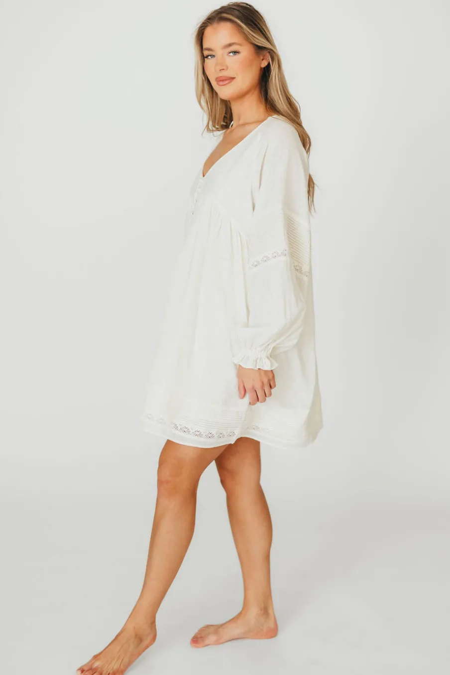 Discount Worth Collective Kenzie Linen Pintuck and Button Detail Mini Dress in Off-White