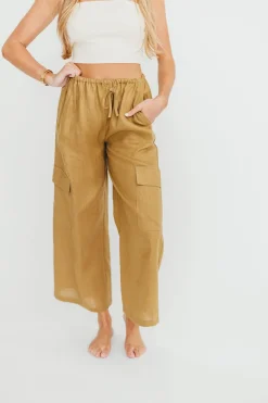 Clearance Worth Collective Kimora 100% Linen Pants in Brown Olive