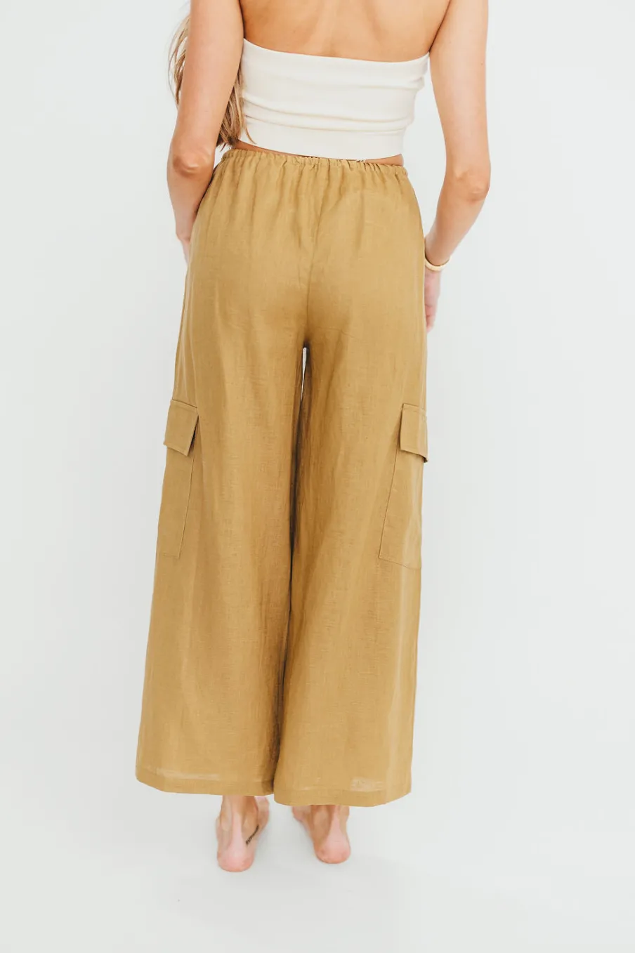 Clearance Worth Collective Kimora 100% Linen Pants in Brown Olive