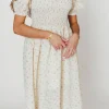 Hot Worth Collective Kinsley Ditsy Floral Smocked Midi Dress in Pink