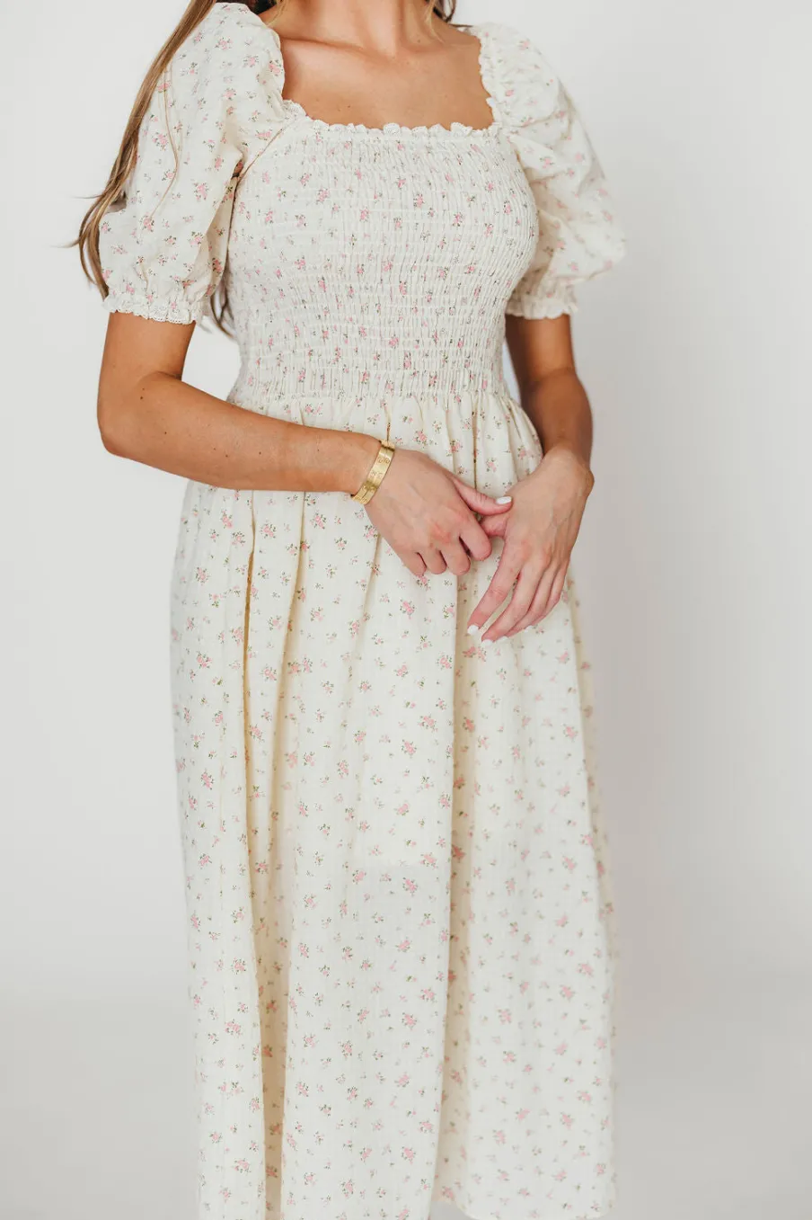 Hot Worth Collective Kinsley Ditsy Floral Smocked Midi Dress in Pink