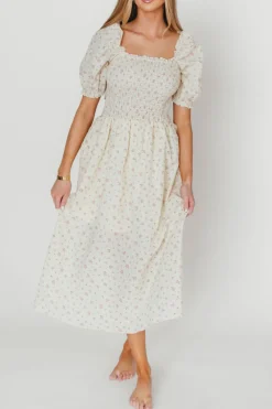 Hot Worth Collective Kinsley Ditsy Floral Smocked Midi Dress in Pink