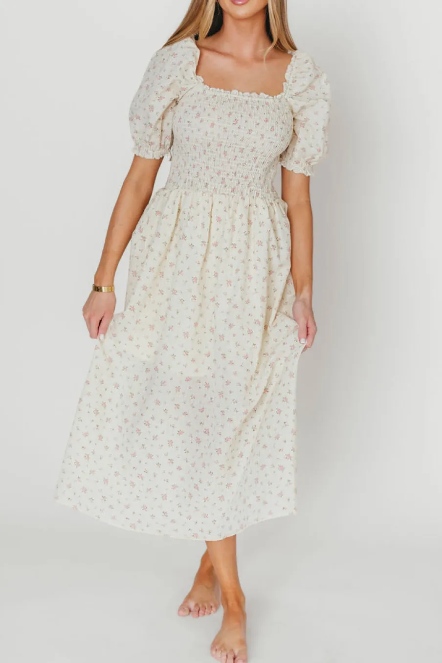 Hot Worth Collective Kinsley Ditsy Floral Smocked Midi Dress in Pink