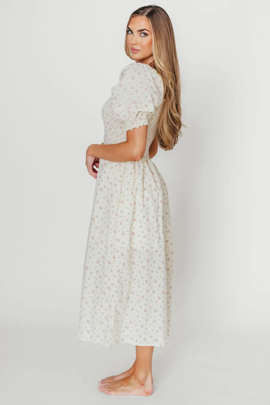 Hot Worth Collective Kinsley Ditsy Floral Smocked Midi Dress in Pink