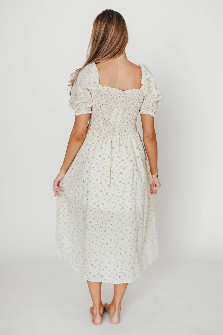 Hot Worth Collective Kinsley Ditsy Floral Smocked Midi Dress in Pink