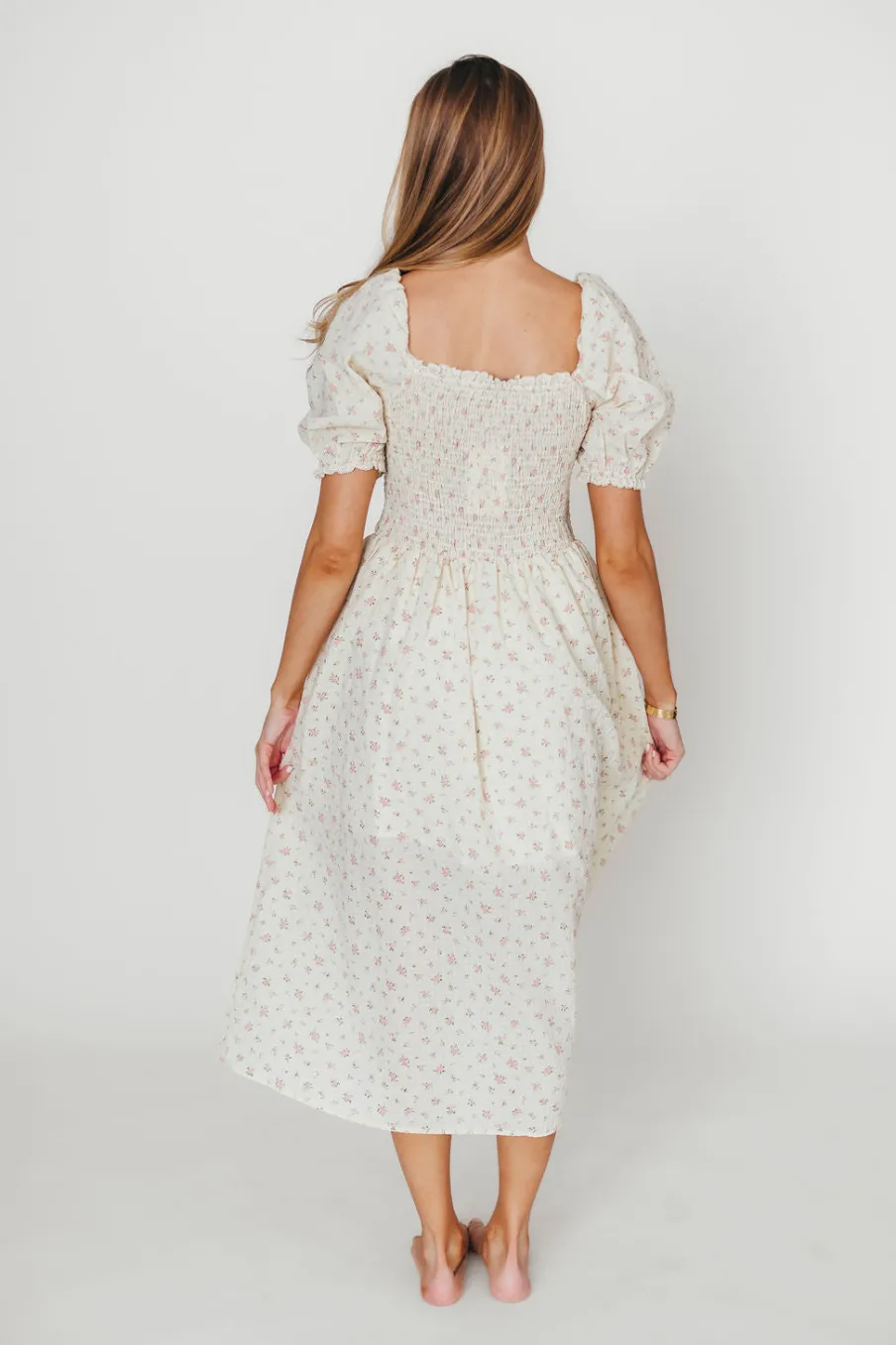 Hot Worth Collective Kinsley Ditsy Floral Smocked Midi Dress in Pink