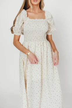 Hot Worth Collective Kinsley Ditsy Floral Smocked Midi Dress in Pink