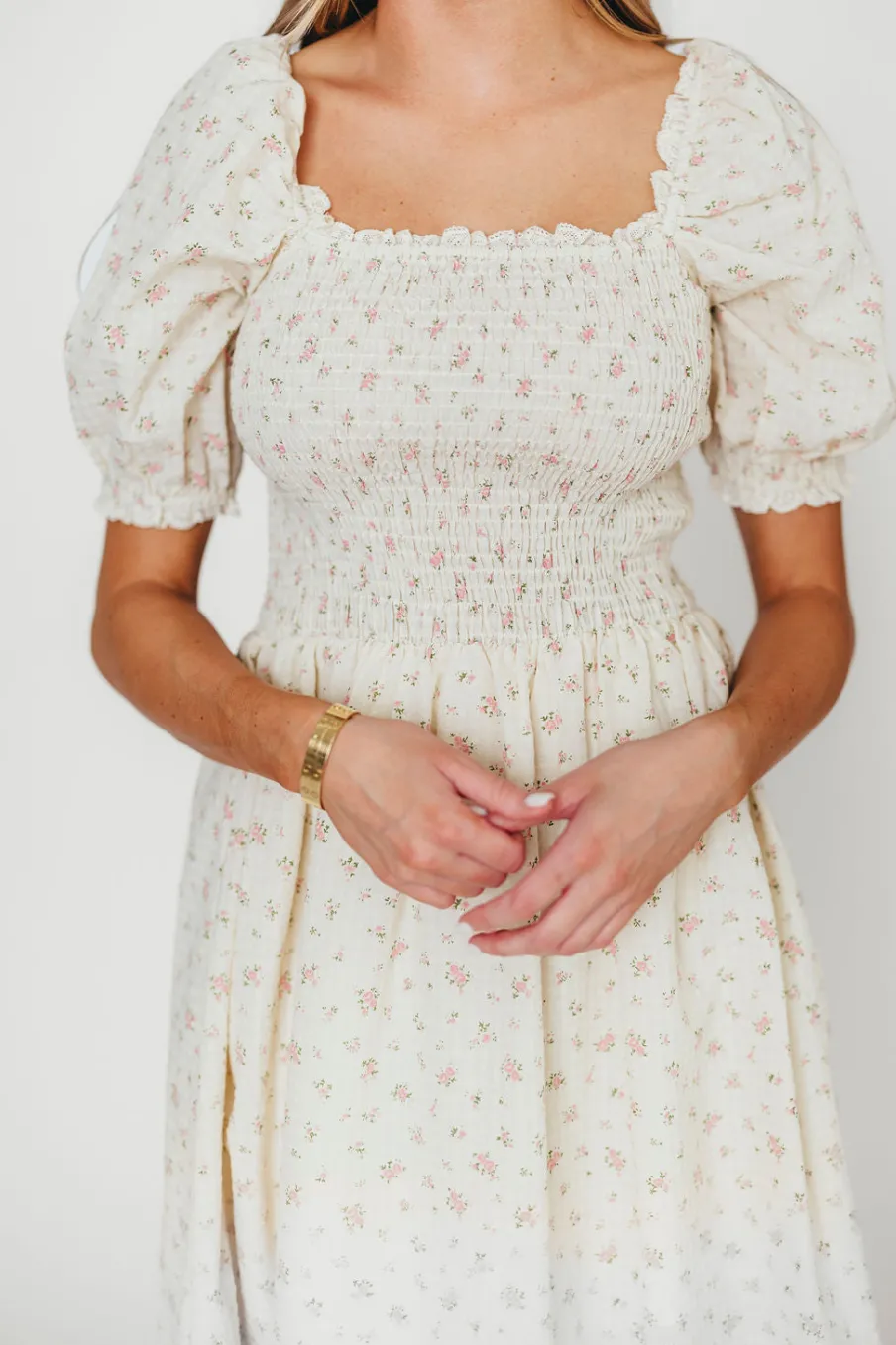 Hot Worth Collective Kinsley Ditsy Floral Smocked Midi Dress in Pink