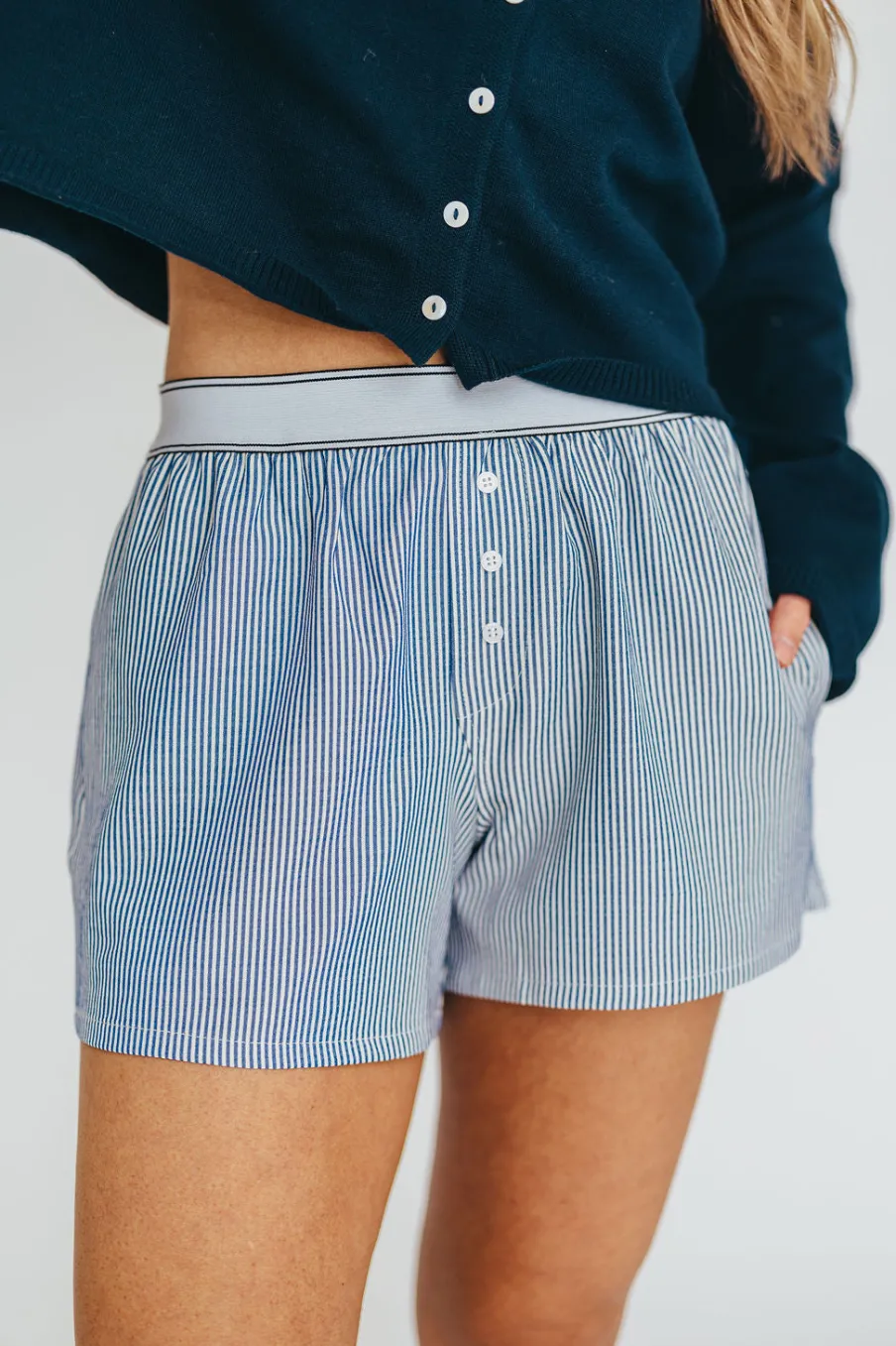 Discount Worth Collective Kya Striped Boxer Short in Ivory/Blue