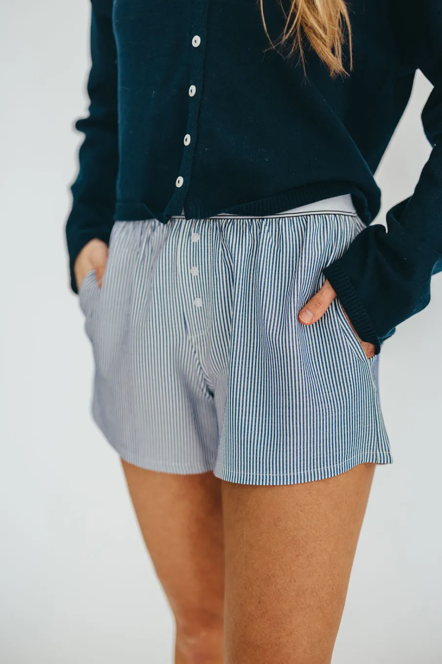 Discount Worth Collective Kya Striped Boxer Short in Ivory/Blue