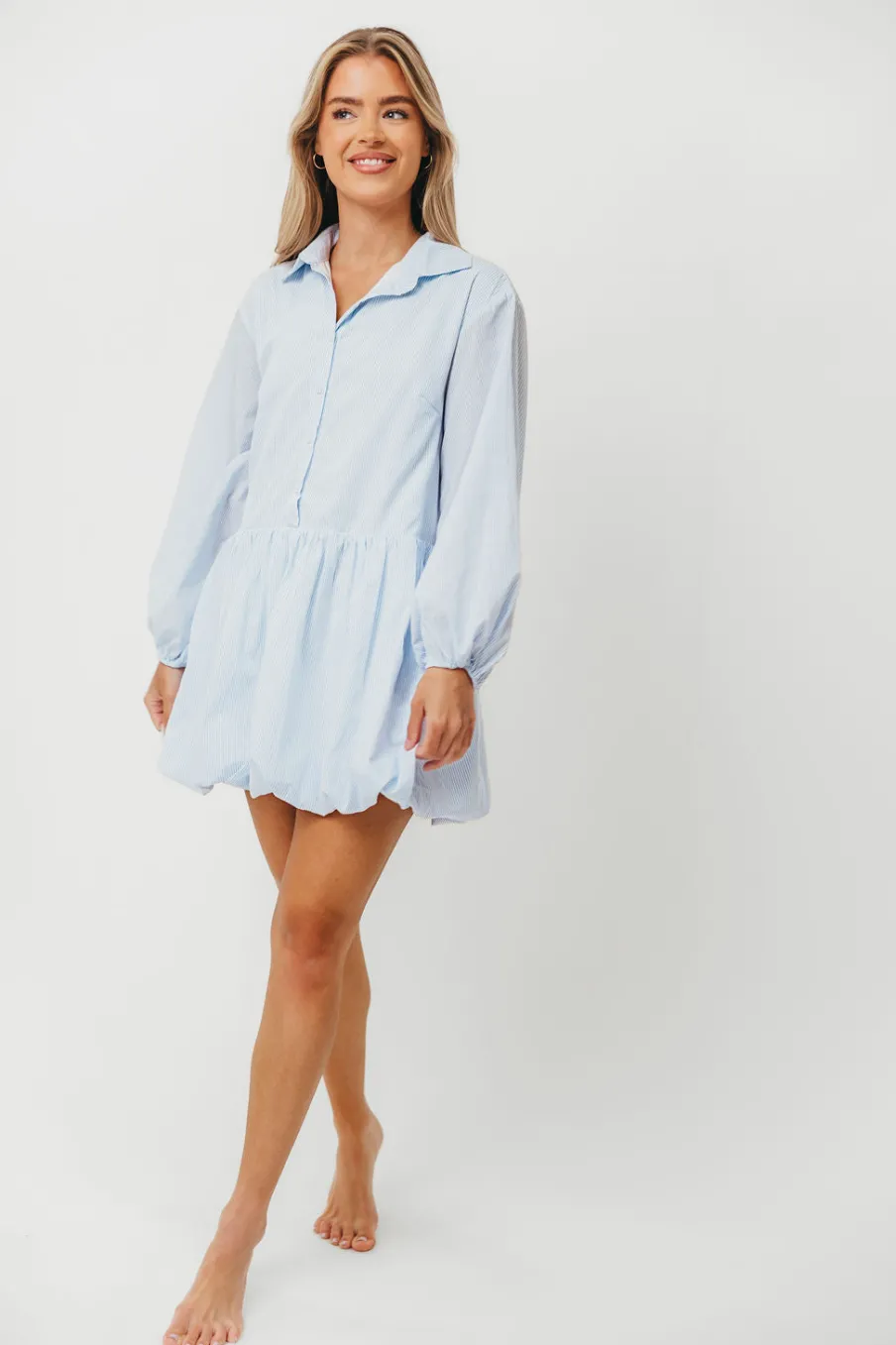 Clearance Worth Collective Kyle Bubble Hem Mini Shirt Dress in Sky