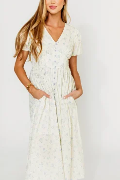 Fashion Worth Collective Kylee 100% Cotton Floral Maxi Dress in French Blue