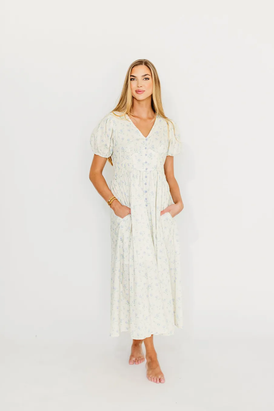 Fashion Worth Collective Kylee 100% Cotton Floral Maxi Dress in French Blue