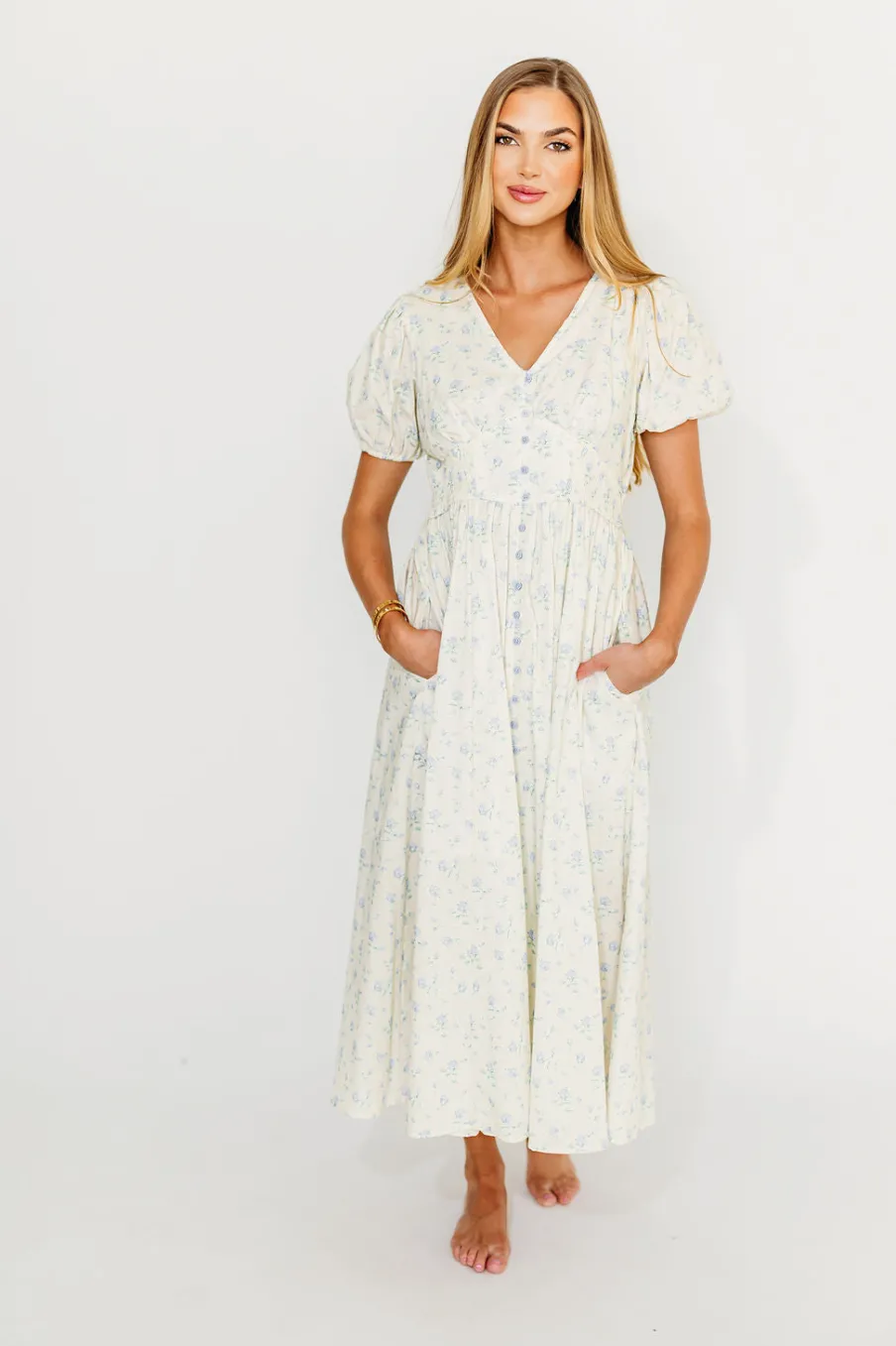 Fashion Worth Collective Kylee 100% Cotton Floral Maxi Dress in French Blue