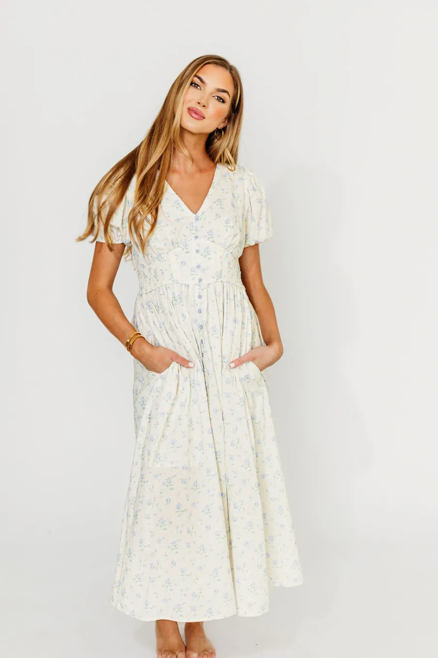 Fashion Worth Collective Kylee 100% Cotton Floral Maxi Dress in French Blue