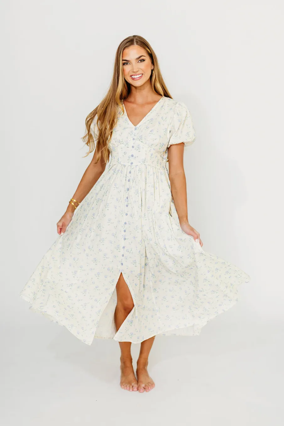 Fashion Worth Collective Kylee 100% Cotton Floral Maxi Dress in French Blue