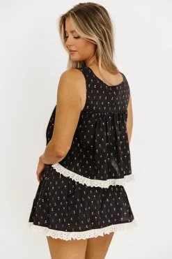 Online Worth Collective Kyler 100% Cotton Floral Ruffle Lace Trim Top & Skort Set in Dark Navy