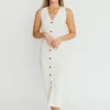 New Worth Collective Lelani Button Down Ribbed Knit Midi Dress in White - Nursing Friendly