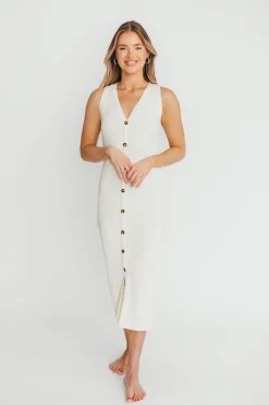 New Worth Collective Lelani Button Down Ribbed Knit Midi Dress in White - Nursing Friendly