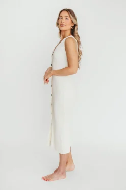 New Worth Collective Lelani Button Down Ribbed Knit Midi Dress in White - Nursing Friendly