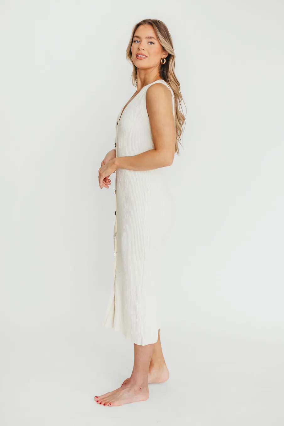 New Worth Collective Lelani Button Down Ribbed Knit Midi Dress in White - Nursing Friendly