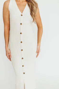 New Worth Collective Lelani Button Down Ribbed Knit Midi Dress in White - Nursing Friendly