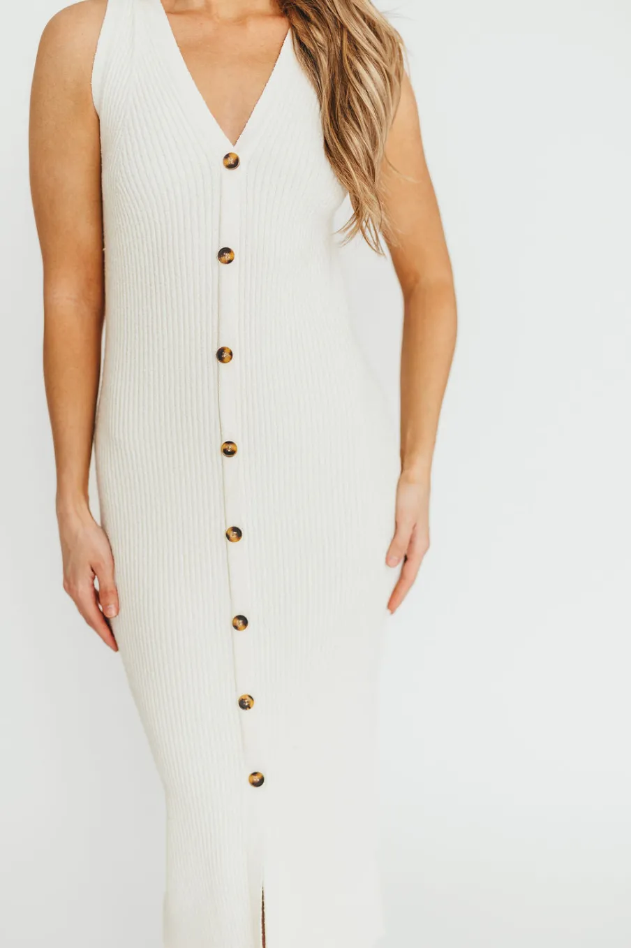 New Worth Collective Lelani Button Down Ribbed Knit Midi Dress in White - Nursing Friendly