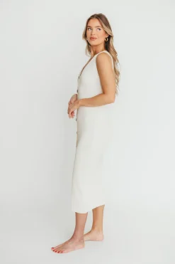 New Worth Collective Lelani Button Down Ribbed Knit Midi Dress in White - Nursing Friendly