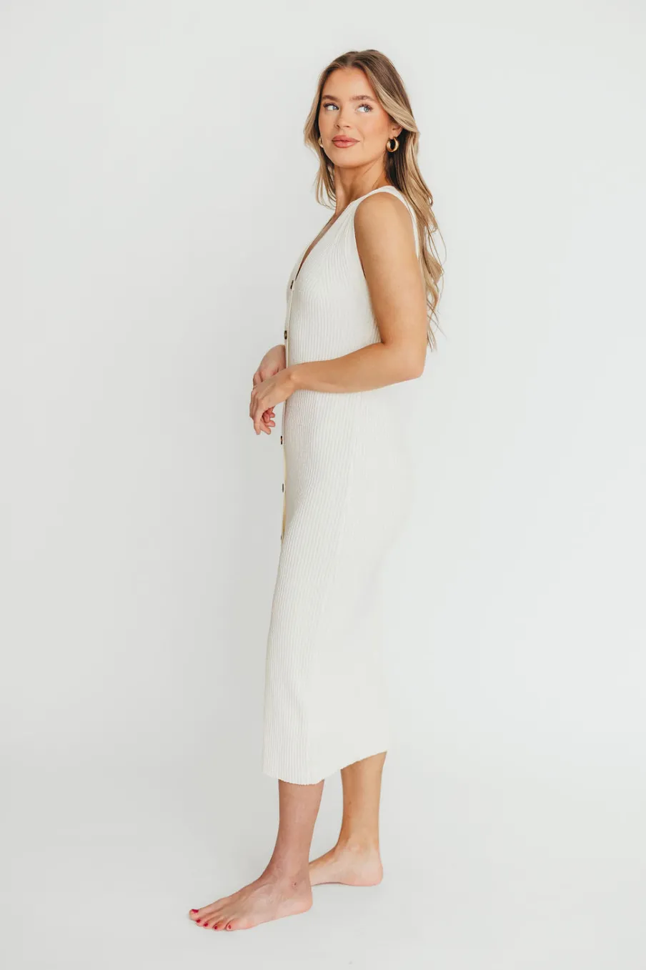 New Worth Collective Lelani Button Down Ribbed Knit Midi Dress in White - Nursing Friendly