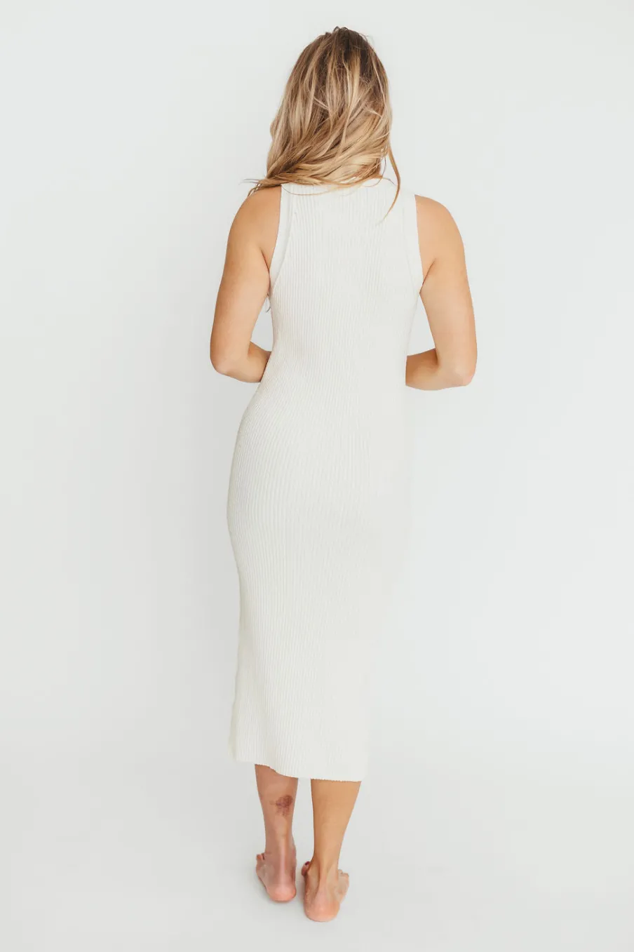 New Worth Collective Lelani Button Down Ribbed Knit Midi Dress in White - Nursing Friendly
