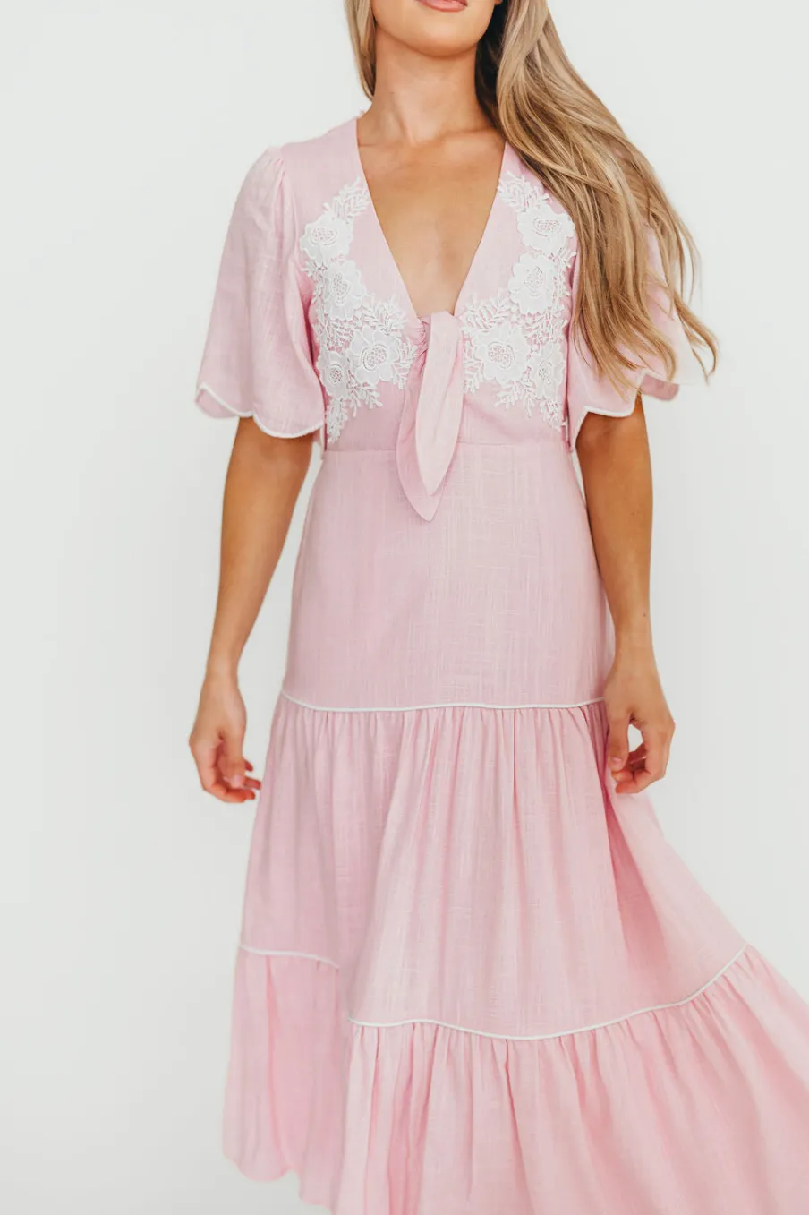 Online Worth Collective Lena Embroidered Tiered Midi Dress in Soft Pink